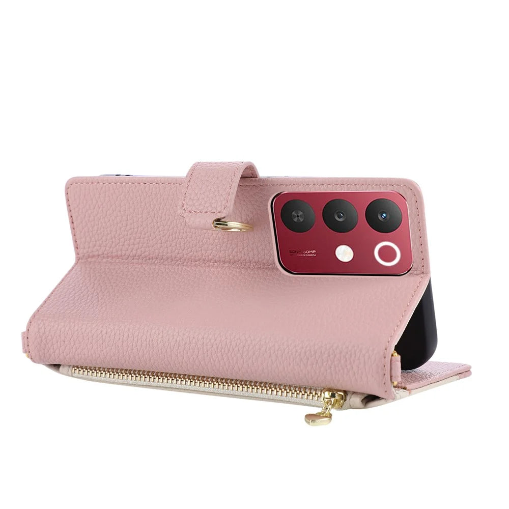 For Realme 15x (India) 5G Wallet Case Triangular Splicing Zipper Leather Flip Cover with Wrist Strap - Pink - 2