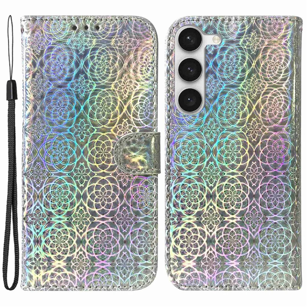 For Samsung Galaxy S23+ Anti-scratch PU Leather Stylish Flower Pattern Phone Cover Wallet Stand Magnetic Case with Strap - Grey - 1