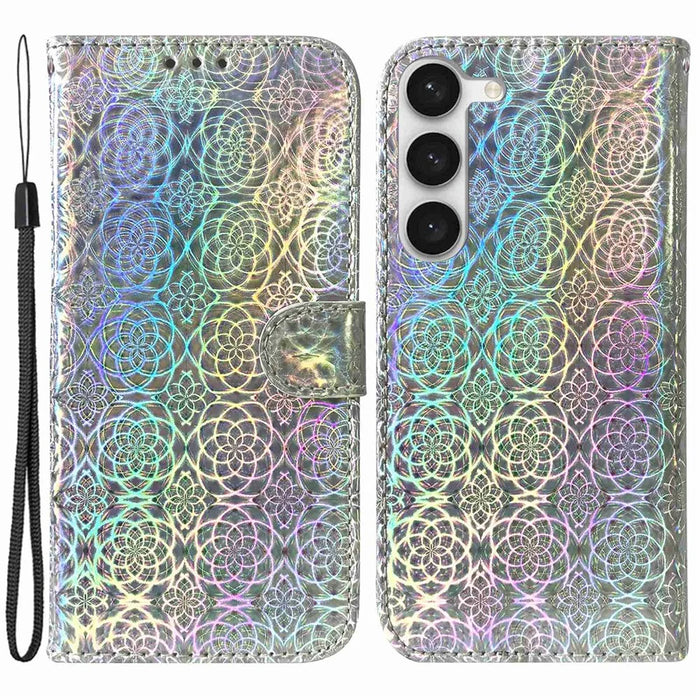 For Samsung Galaxy S23+ Anti-scratch PU Leather Stylish Flower Pattern Phone Cover Wallet Stand Magnetic Case with Strap - Grey - 1