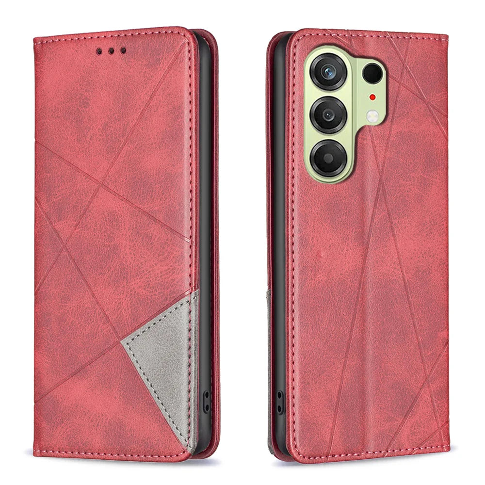 For TECNO Camon 50 4G Case Card Slots Geometry Imprint Leather Phone Cover - Red - 1