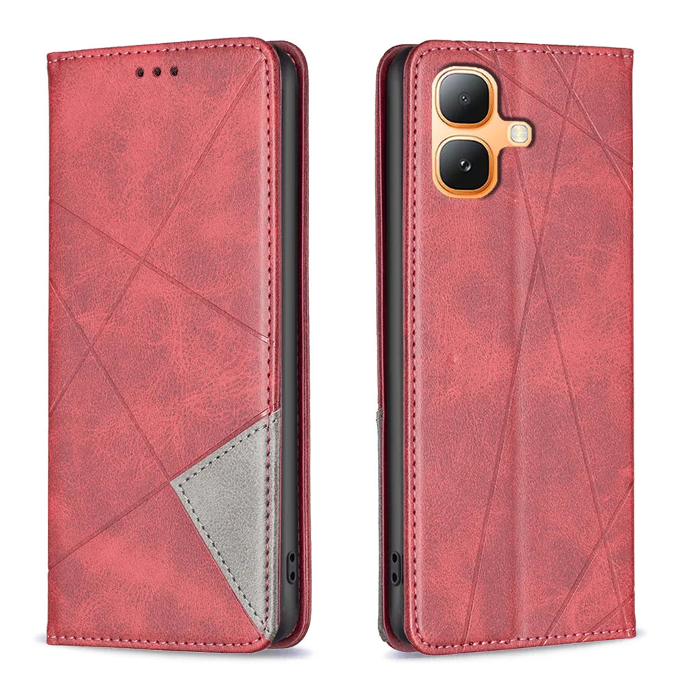 For Infinix Smart 20 4G Case Card Slots Geometry Imprint Leather Phone Cover - Red - 1