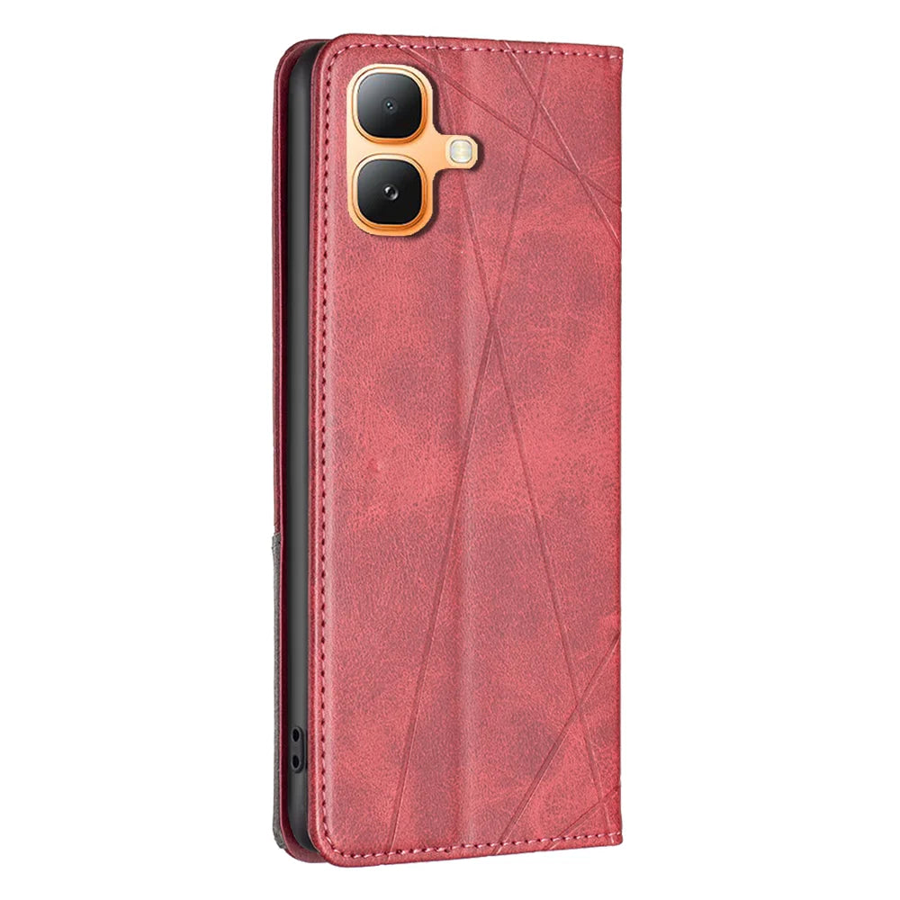 For Infinix Smart 20 4G Case Card Slots Geometry Imprint Leather Phone Cover - Red - 3