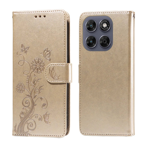 Leather Case For Motorola Moto G87 5G / G77 5G / G67 5G Butterfly Floral Imprint Wallet Stand Cover - Golden - 1