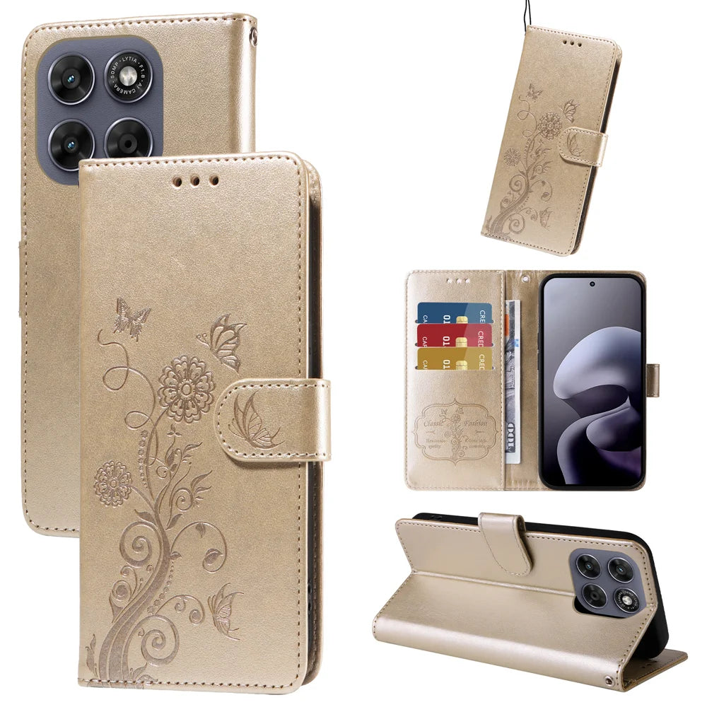 Leather Case For Motorola Moto G87 5G / G77 5G / G67 5G Butterfly Floral Imprint Wallet Stand Cover - Golden - 2