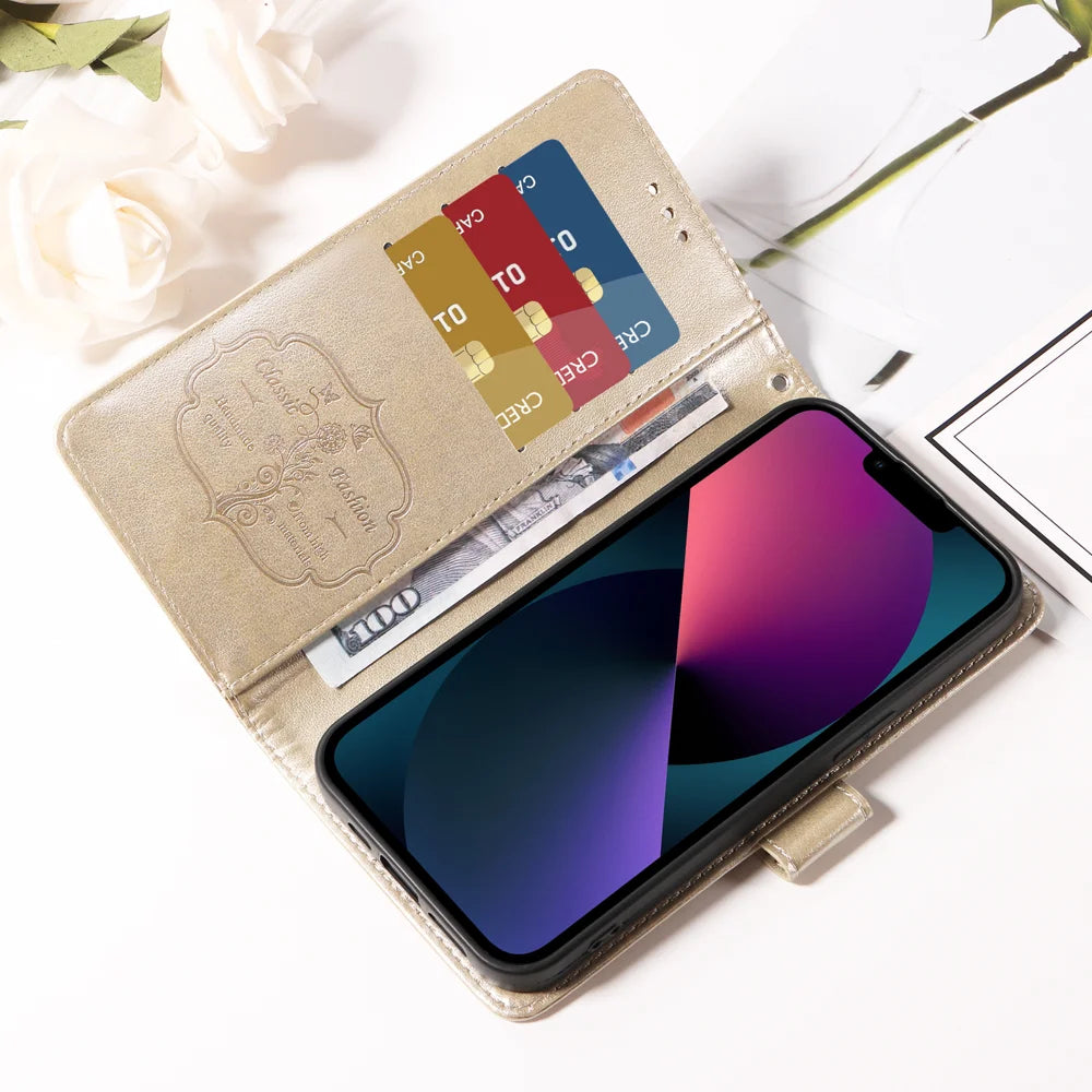 Leather Case For Motorola Moto G87 5G / G77 5G / G67 5G Butterfly Floral Imprint Wallet Stand Cover - Golden - 7