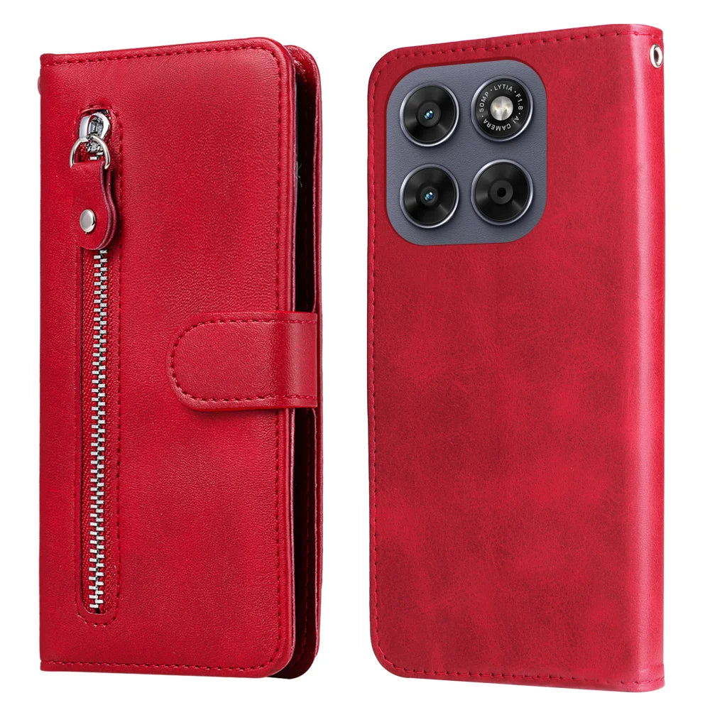 PU Leather Cases For Motorola Moto G87 5G / G77 5G / G67 5G Zipper Pocket Wallet Phone Cover Stand - Red - 1