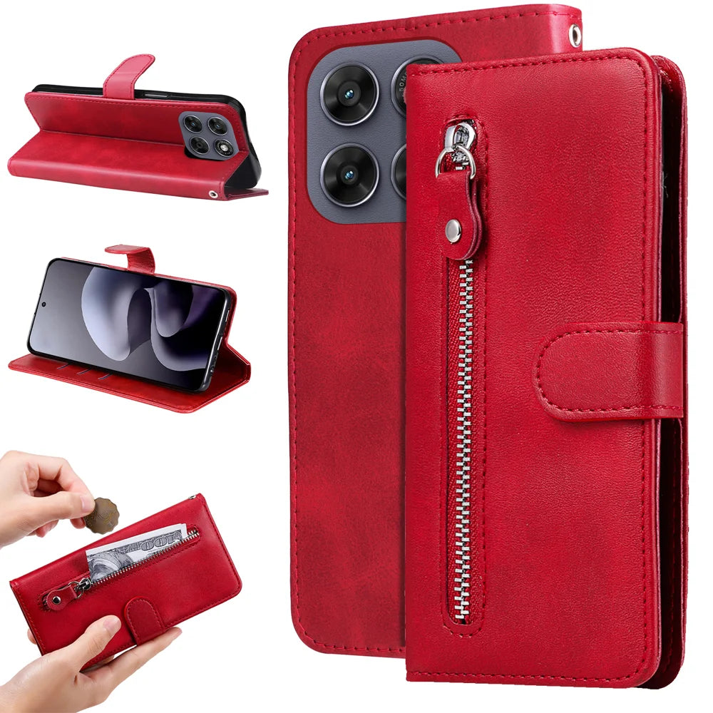 PU Leather Cases For Motorola Moto G87 5G / G77 5G / G67 5G Zipper Pocket Wallet Phone Cover Stand - Red - 2