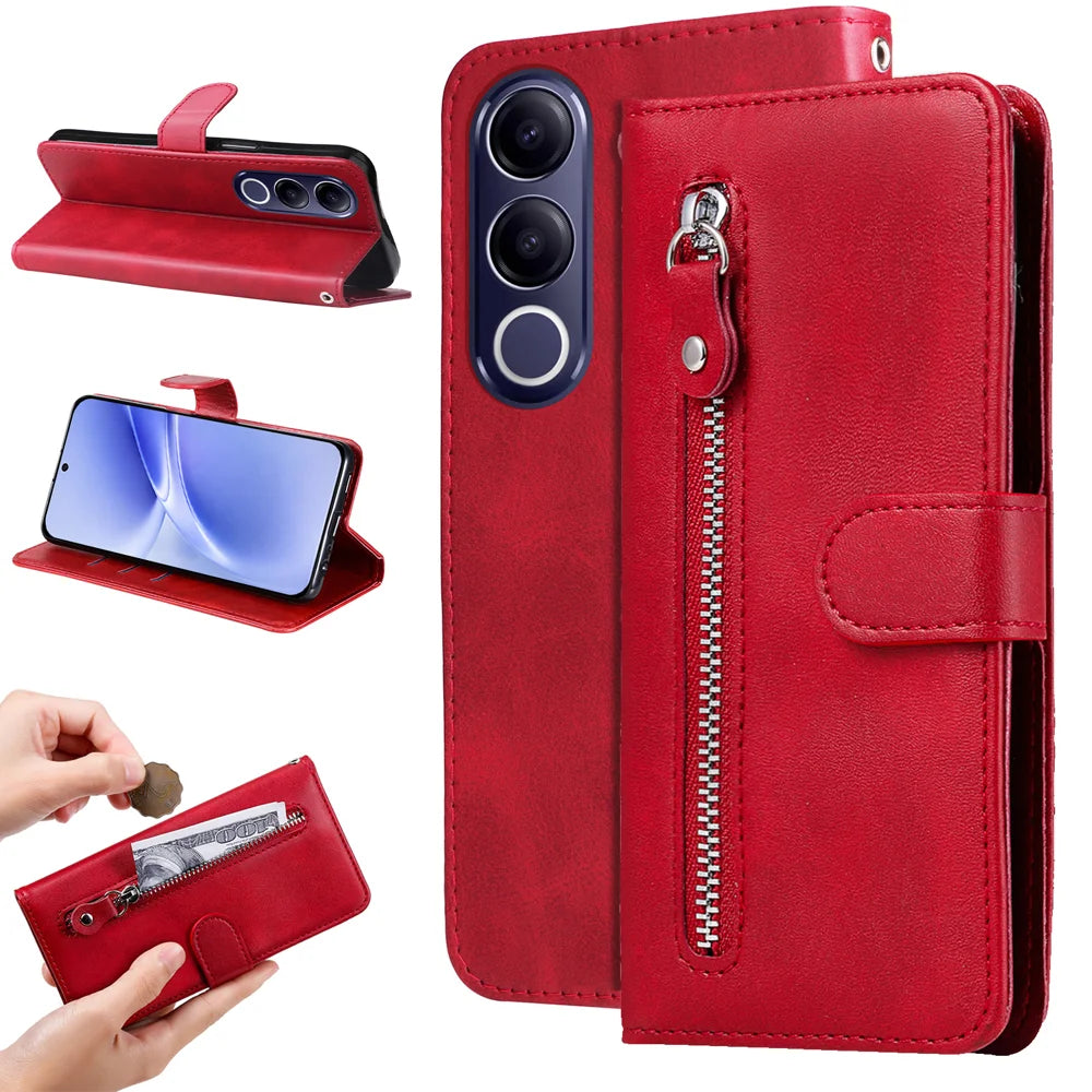 For vivo V70 FE 5G PU Leather Cases with Zipper Pocket Wallet Phone Cover Stand - Red - 2
