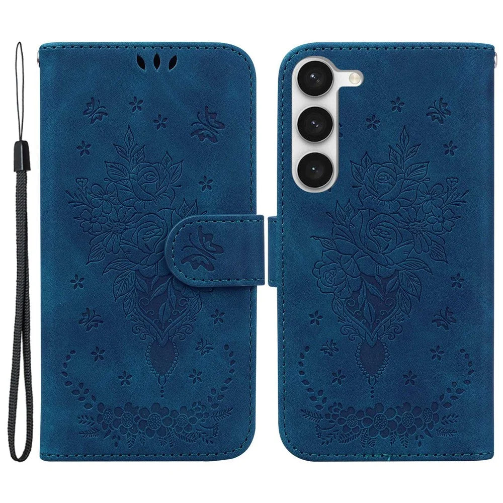 For Samsung Galaxy S23 Imprinted Rose Butterfly PU Leather Flip Cover Stand TPU Inner Shell Magnetic Closure Wallet Phone Cover with Strap - Blue - 1