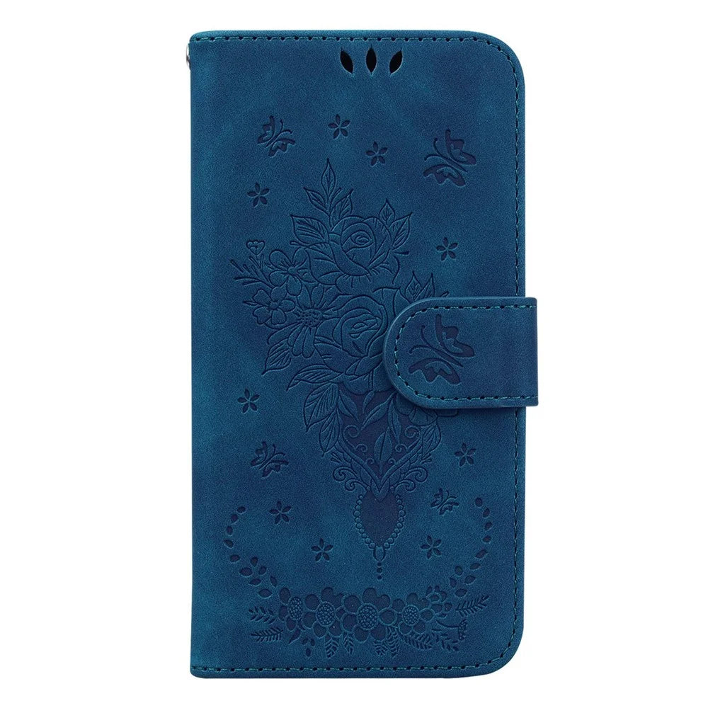 For Samsung Galaxy S23 Imprinted Rose Butterfly PU Leather Flip Cover Stand TPU Inner Shell Magnetic Closure Wallet Phone Cover with Strap - Blue - 6