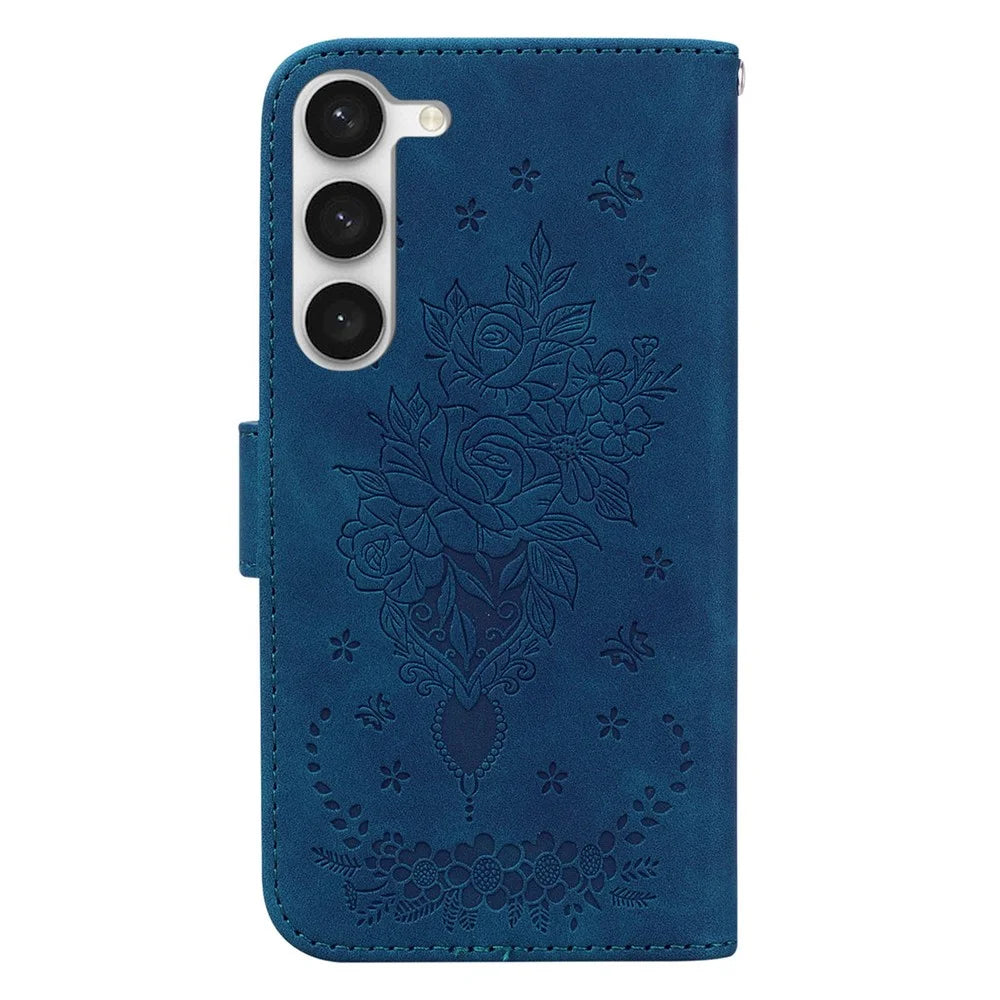For Samsung Galaxy S23 Imprinted Rose Butterfly PU Leather Flip Cover Stand TPU Inner Shell Magnetic Closure Wallet Phone Cover with Strap - Blue - 7