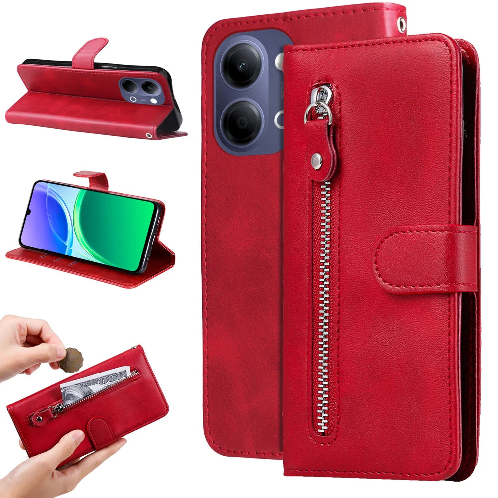 For vivo Y21 5G (2026) / vivo Y05 4G PU Leather Cases with Zipper Pocket Wallet Phone Cover Stand - Red - 2