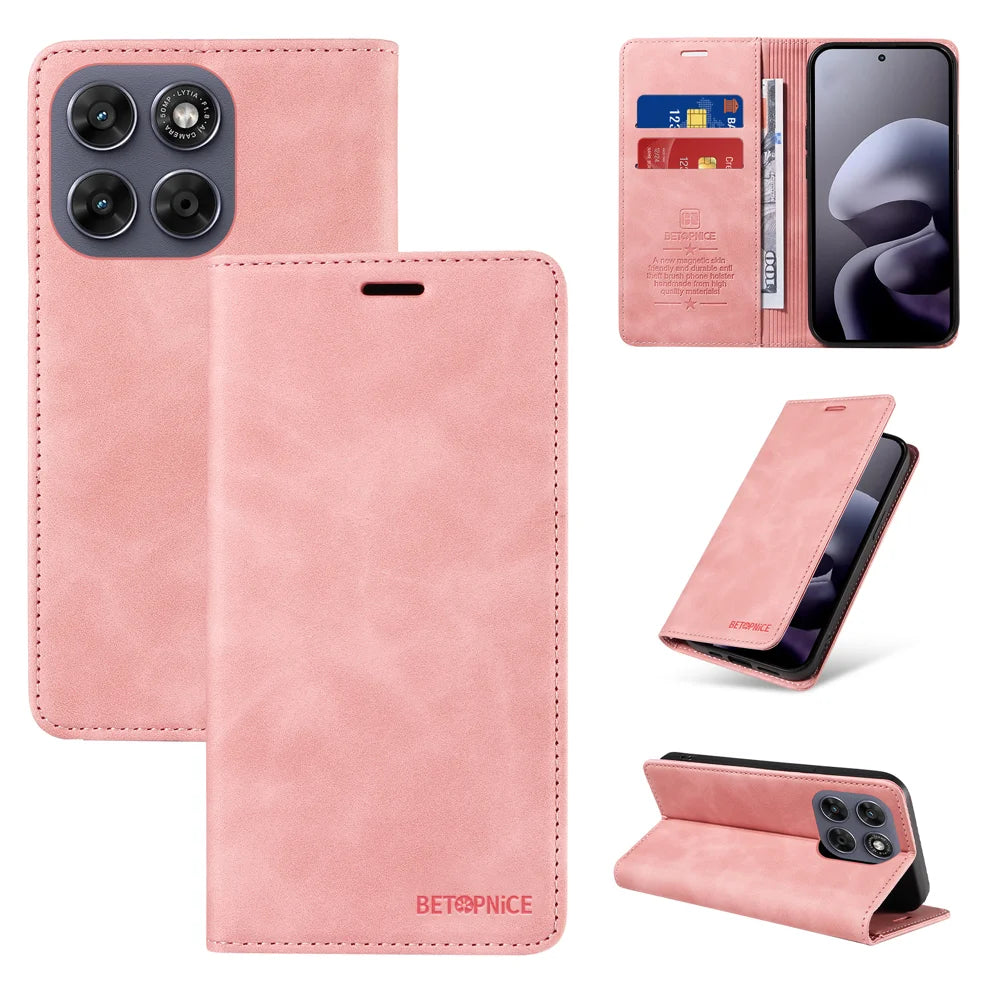 BETOPNICE Leather Case For Motorola Moto G87 5G / G77 5G / G67 5G Magnetic Closure RFID Blocking Wallet Stand Phone Cover - Pink - 3