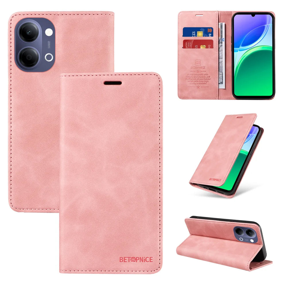 BETOPNICE For vivo Y21 5G (2026) / vivo Y05 4G Case  Magnetic Closure RFID Blocking Wallet Stand Leather Phone Cover - Pink - 3