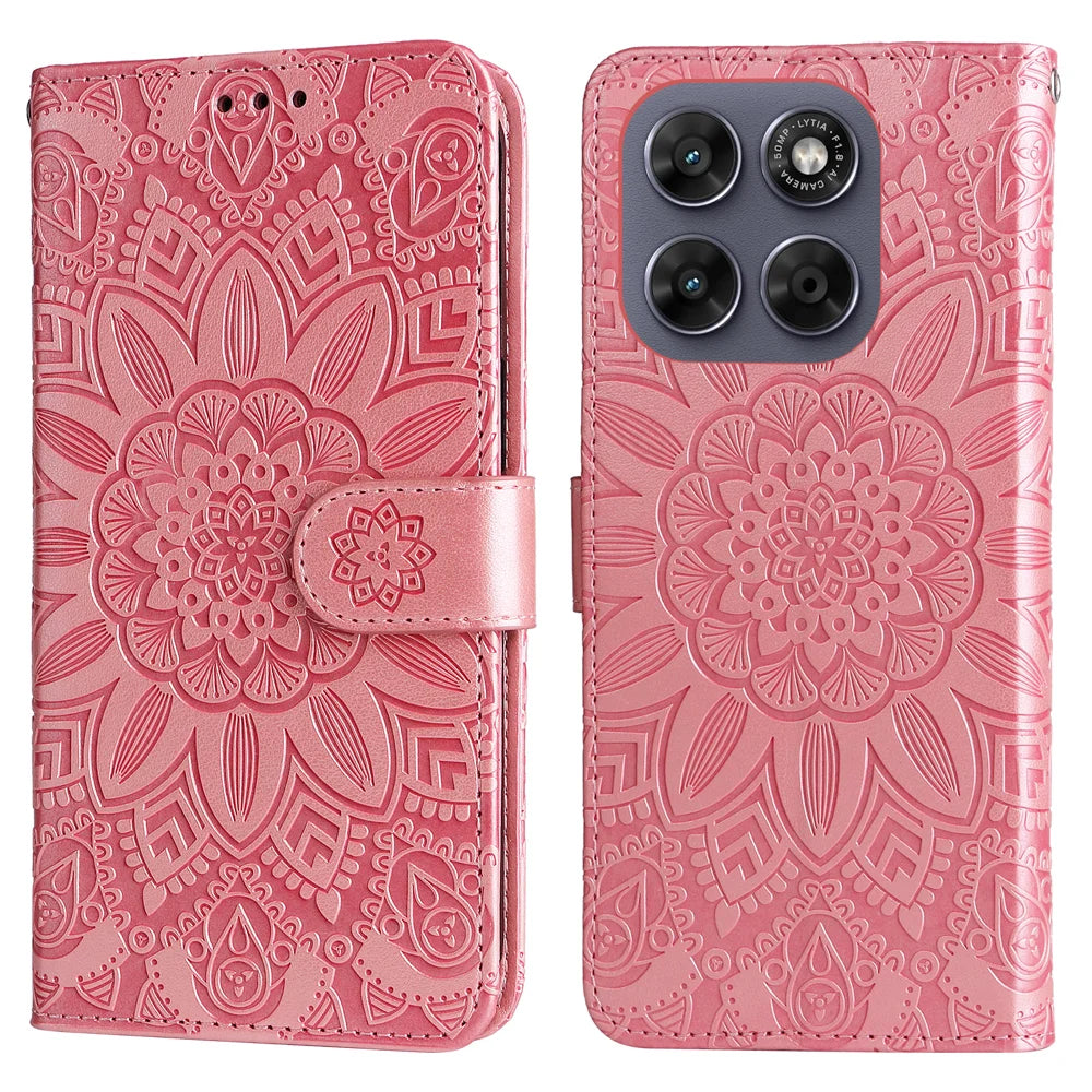 Sunflower Imprint Case For Motorola Moto G87 5G / G77 5G / G67 5G Leather Wallet Phone Cover - Pink - 1