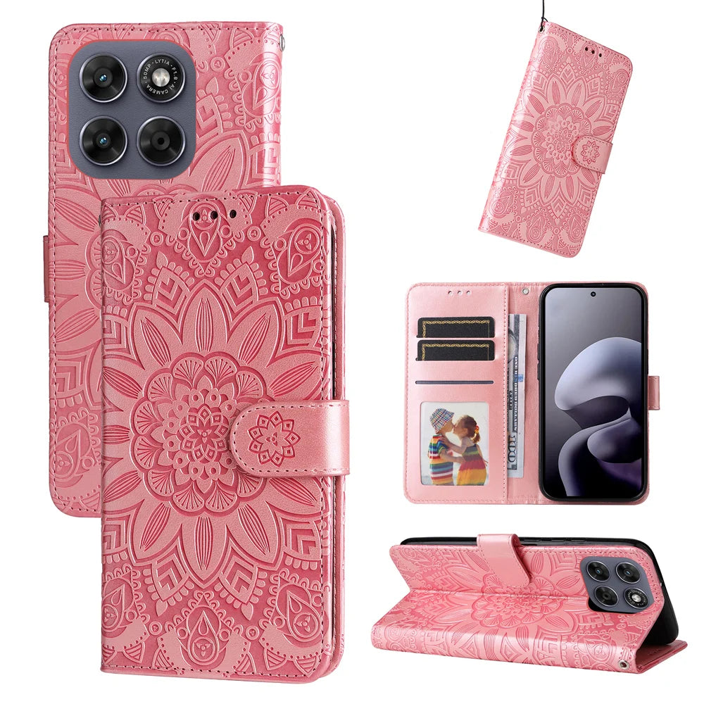 Sunflower Imprint Case For Motorola Moto G87 5G / G77 5G / G67 5G Leather Wallet Phone Cover - Pink - 3