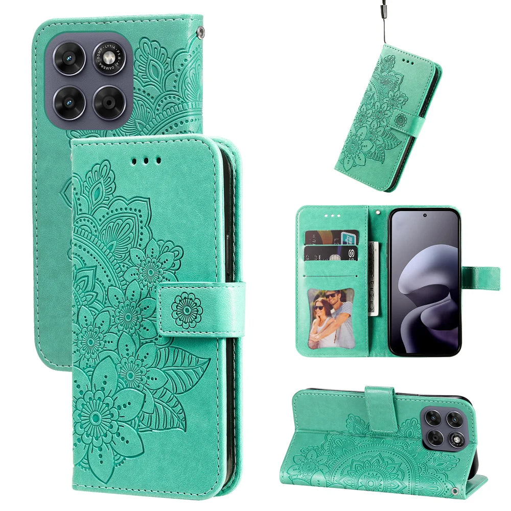 Sunflower Imprint Case For Motorola Moto G87 5G / G77 5G / G67 5G Case Floral Pattern PU Leather Wallet Stand Phone Cover - Green - 3