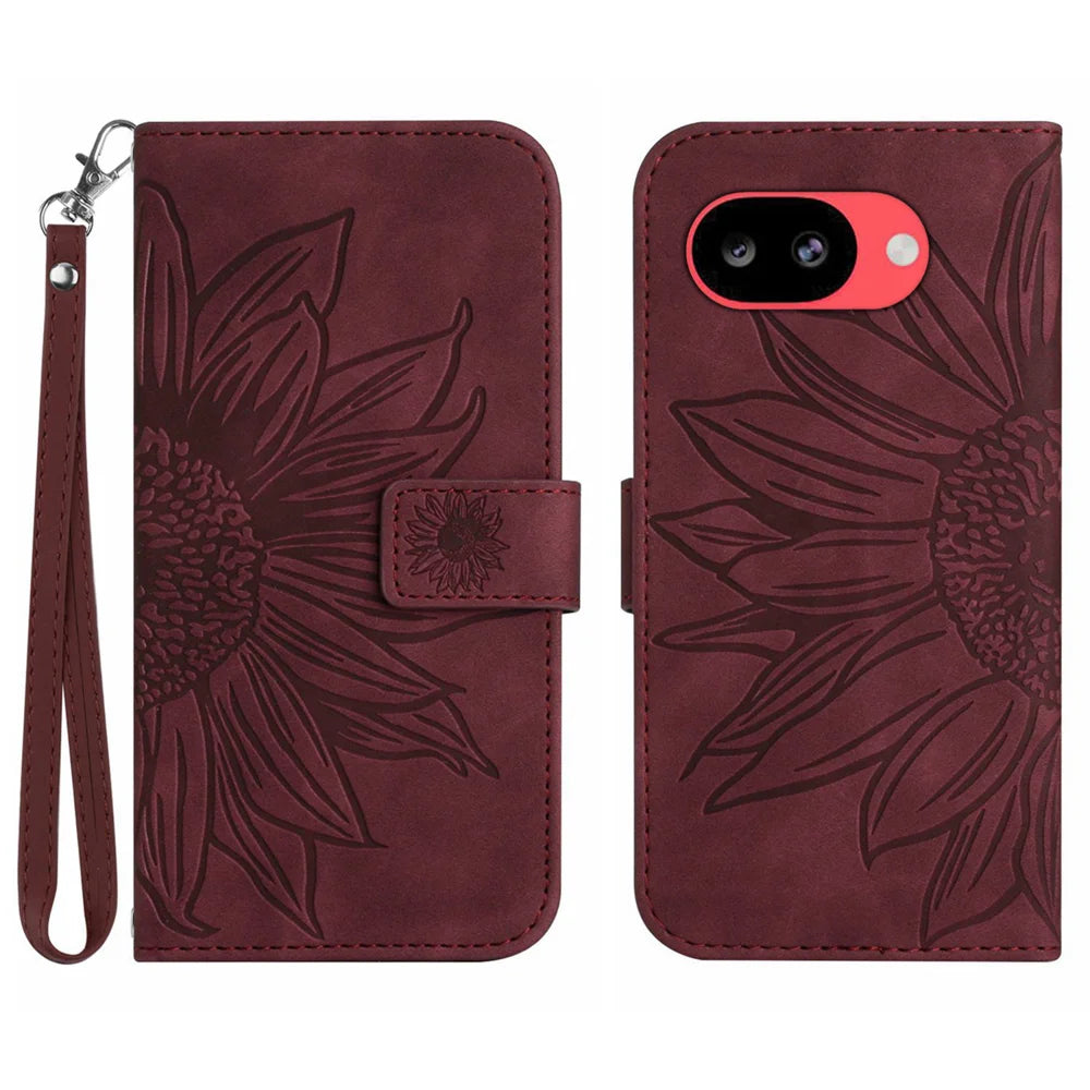 For Google Pixel 10a Case Sunflower Imprint Leather Wallet Phone Cover with Wrist Strap - Wine Red - 1
