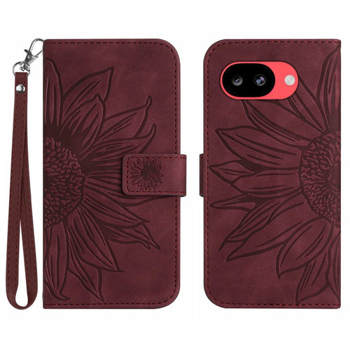 For Google Pixel 10a Case Sunflower Imprint Leather Wallet Phone Cover with Wrist Strap - Wine Red - 1