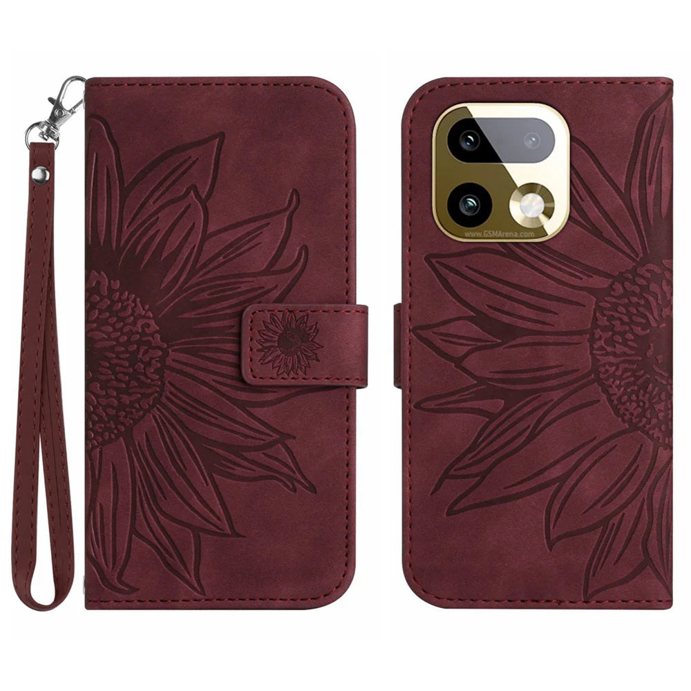For Realme 16 Pro 5G Case Sunflower Imprint Leather Wallet Phone Cover with Wrist Strap - Wine Red - 1