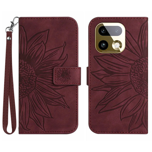 For Realme 16 Pro 5G Case Sunflower Imprint Leather Wallet Phone Cover with Wrist Strap - Wine Red - 1