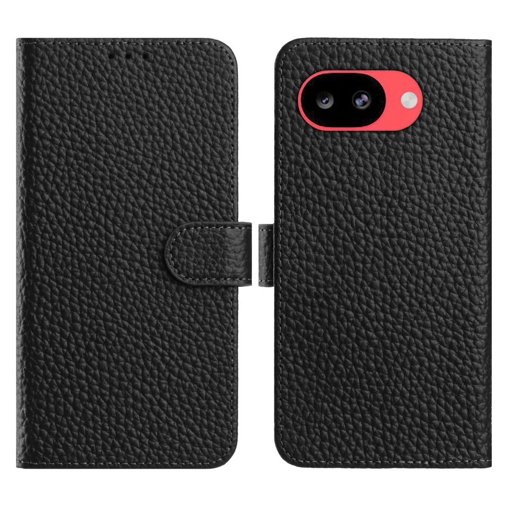 For Google Pixel 10a Case Wallet Stand Litchi Texture Genuine Cow Leather Flip Phone Cover - Black - 1