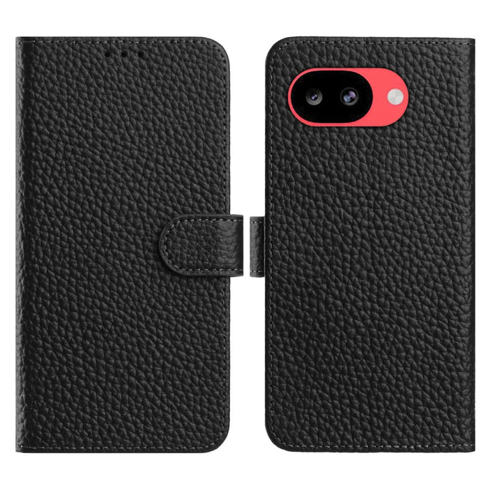 For Google Pixel 10a Case Wallet Stand Litchi Texture Genuine Cow Leather Flip Phone Cover - Black - 1