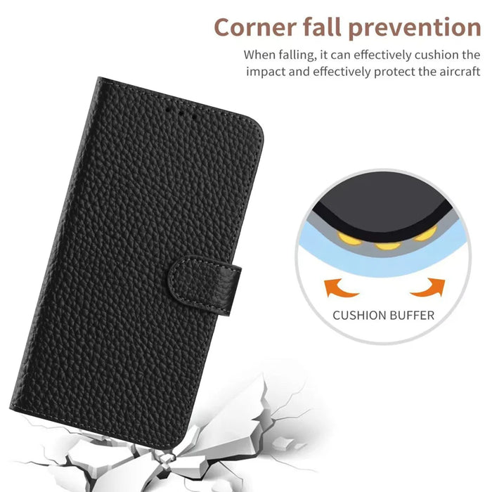 For Google Pixel 10a Case Wallet Stand Litchi Texture Genuine Cow Leather Flip Phone Cover - Black - 4