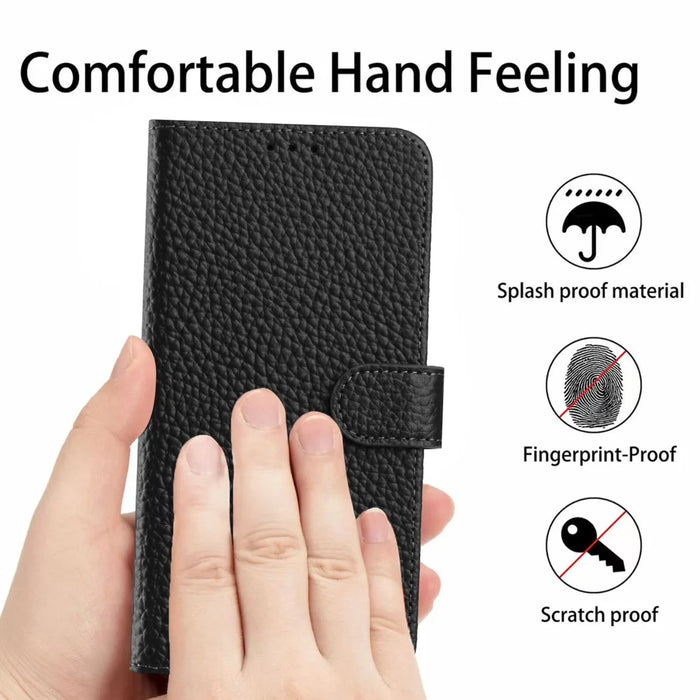 For Google Pixel 10a Case Wallet Stand Litchi Texture Genuine Cow Leather Flip Phone Cover - Black - 5