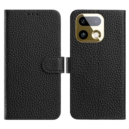 For Realme 16 Pro+ 5G Case Wallet Stand Litchi Texture Genuine Cow Leather Flip Phone Cover - Black - 1