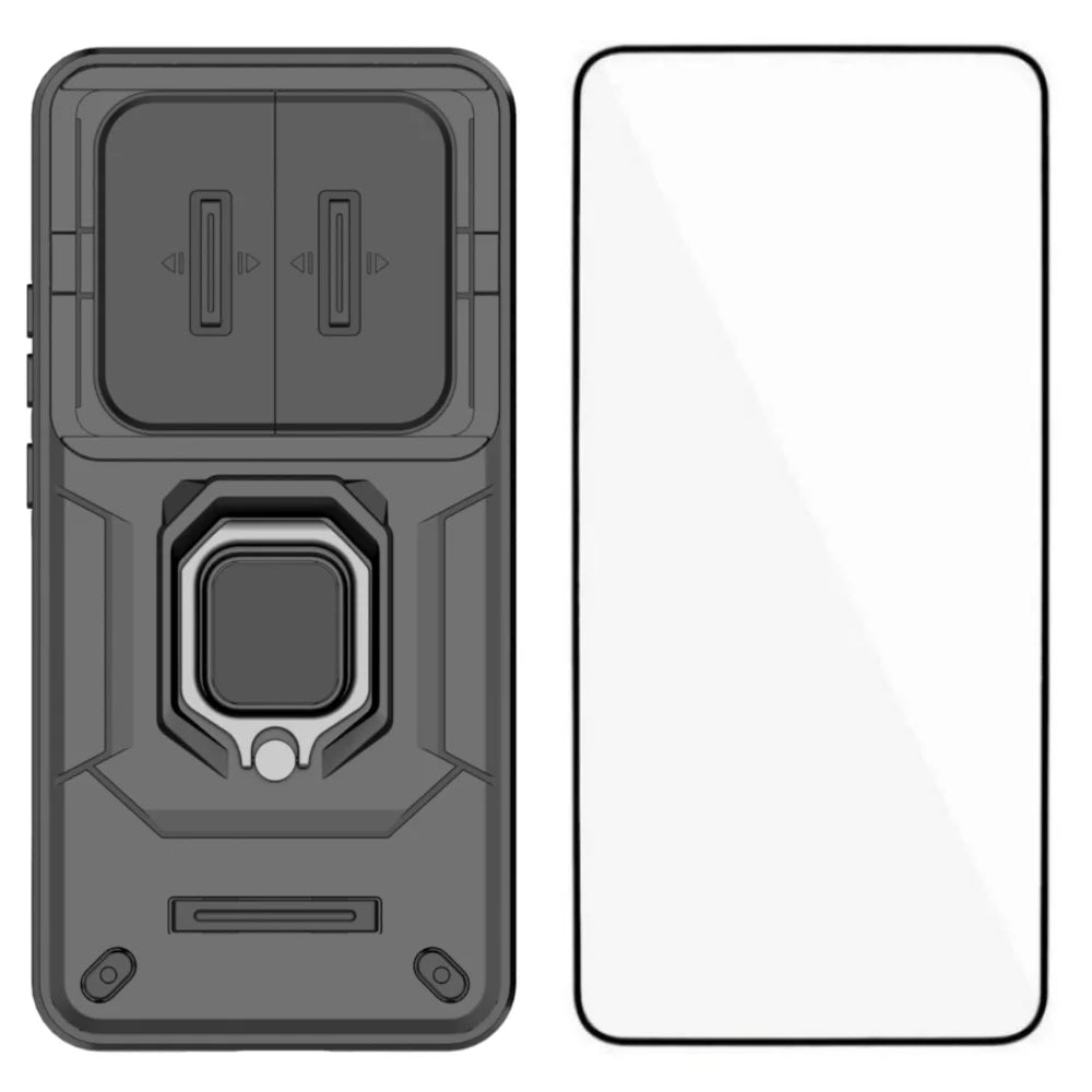 WANLONFENG For Honor X70 5G / Honor X9d 5G / Honor Magic8 Lite 5G  ZDX Series Case PC TPU Kickstand Phone Back Case with Lens Cover + Tempered Glass - Black - 1