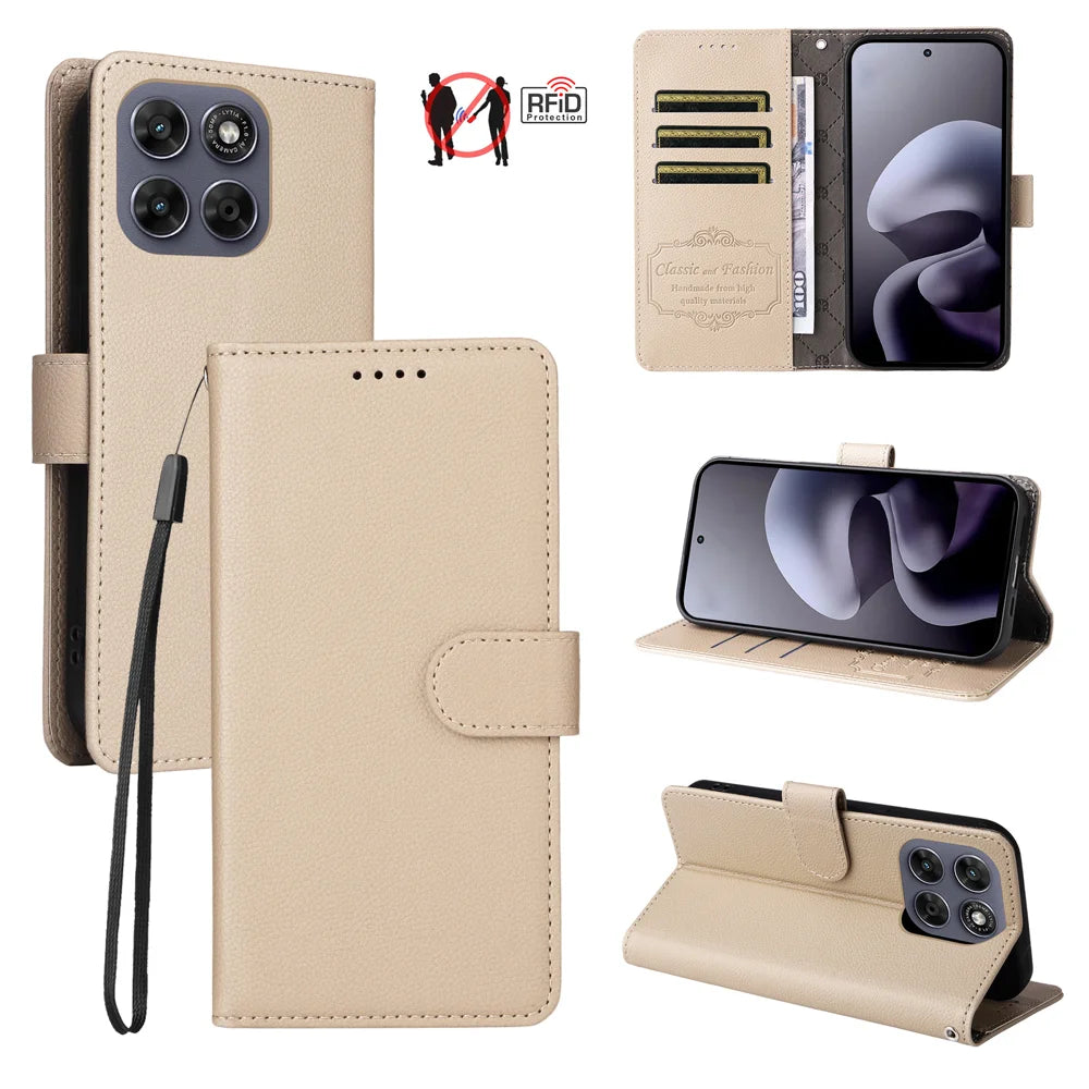 RFID Blocking Case For Motorola Moto G87 5G / G77 5G / G67 5G Case RFID Blocking 3 Card Slots PU Leather Phone Cover with Wrist Strap - Creamy White - 4