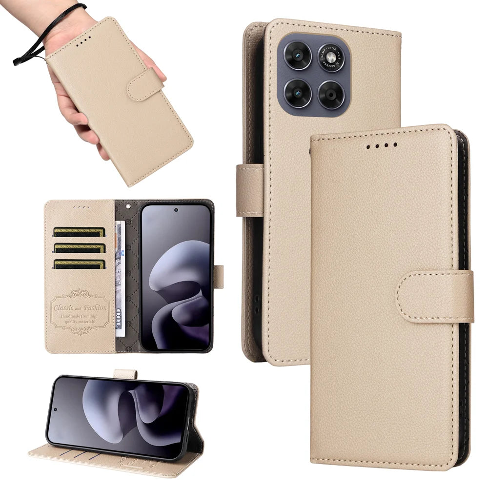 RFID Blocking Case For Motorola Moto G87 5G / G77 5G / G67 5G Case RFID Blocking 3 Card Slots PU Leather Phone Cover with Wrist Strap - Creamy White - 5