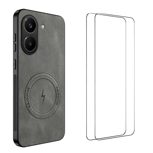 WANLONFENG For Xiaomi Redmi Turbo 5 5G  SD Series Magnetic Case Nappa Texture PC TPU Phone Cover with 2Pcs Screen Film - Grey - 1