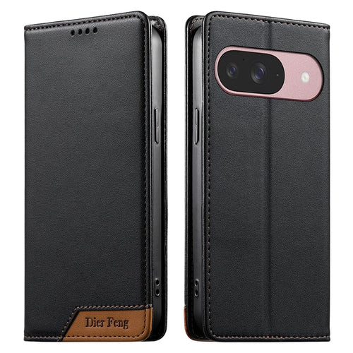 DIERFENG DF-018 for Google Pixel 10 Pro  /  10 Case RFID Blocking Wallet Leather Phone Cover with Color Splicing Logo Corner - Black - 1