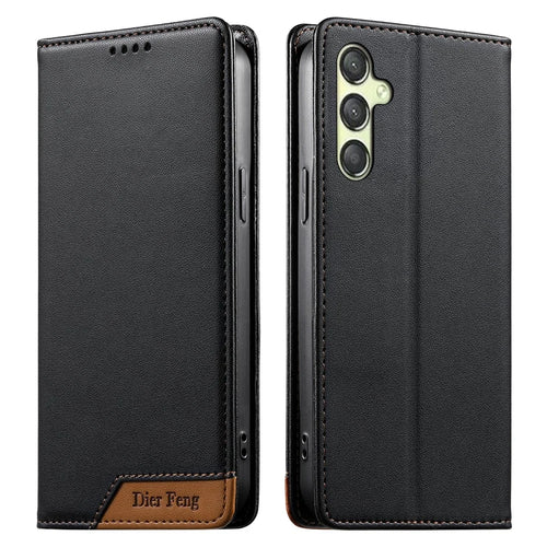 DIERFENG DF-018 for Samsung Galaxy A25 5G (Global) (161mm) Case RFID Blocking Wallet Leather Phone Cover with Color Splicing Logo Corner - Black - 1