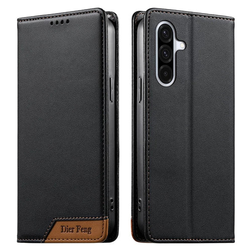 DIERFENG DF-018 for Samsung Galaxy A36 5G Case RFID Blocking Wallet Leather Phone Cover with Color Splicing Logo Corner - Black - 1