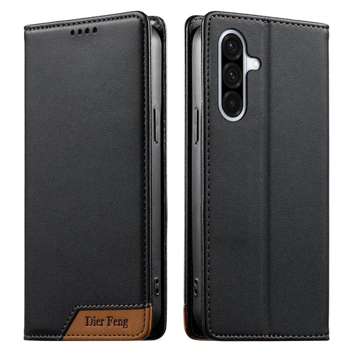 DIERFENG DF-018 for Samsung Galaxy A37 5G Case RFID Blocking Wallet Leather Phone Cover with Color Splicing Logo Corner - Black - 1
