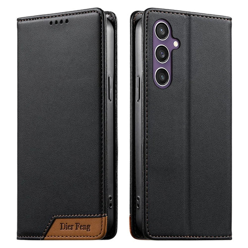 DIERFENG DF-018 for Samsung Galaxy S25  /  S24 Case RFID Blocking Wallet Leather Phone Cover with Color Splicing Logo Corner - Black - 1