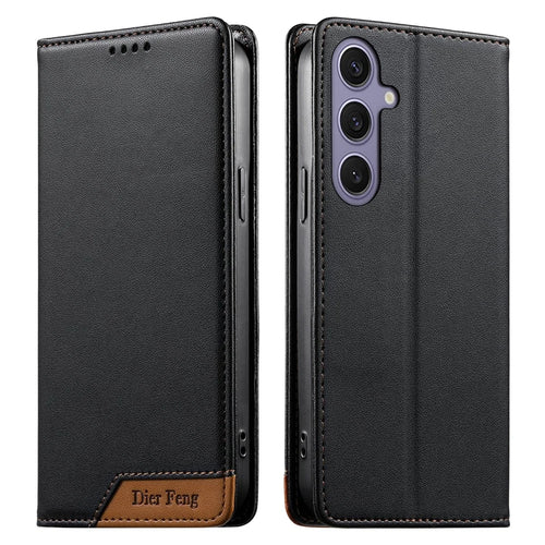DIERFENG DF-018 for Samsung Galaxy S25+  /  S24+ Case RFID Blocking Wallet Leather Phone Cover with Color Splicing Logo Corner - Black - 1