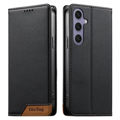 DIERFENG DF-018 for Samsung Galaxy S25+  /  S24+ Case RFID Blocking Wallet Leather Phone Cover with Color Splicing Logo Corner - Black - 1