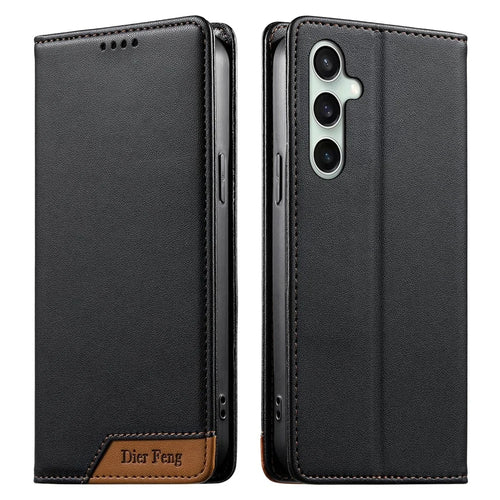 DIERFENG DF-018 for Samsung Galaxy S24 FE Case RFID Blocking Wallet Leather Phone Cover with Color Splicing Logo Corner - Black - 1