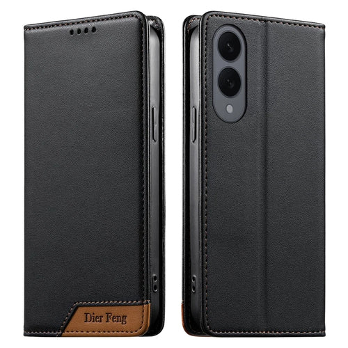 DIERFENG DF-018 for Samsung Galaxy S25 Edge Case RFID Blocking Wallet Leather Phone Cover with Color Splicing Logo Corner - Black - 1