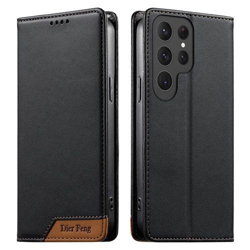 DIERFENG DF-018 for Samsung Galaxy S25 Ultra Case RFID Blocking Wallet Leather Phone Cover with Color Splicing Logo Corner - Black - 1