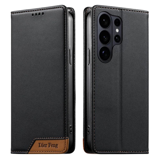 DIERFENG DF-018 for Samsung Galaxy S26 Ultra Case RFID Blocking Wallet Leather Phone Cover with Color Splicing Logo Corner - Black - 1