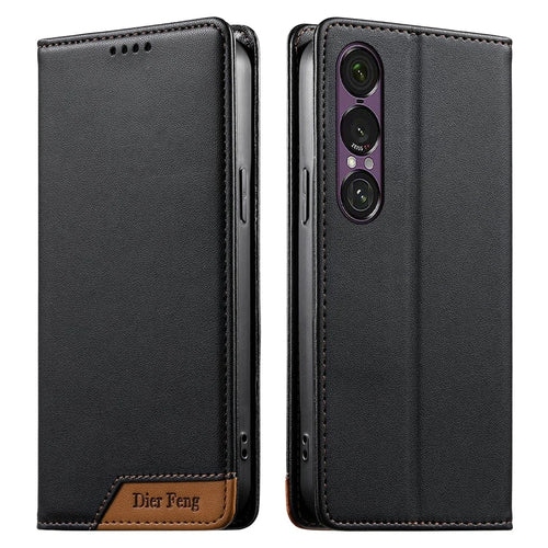 DIERFENG DF-018 for Sony Xperia 1 VII Case RFID Blocking Wallet Leather Phone Cover with Color Splicing Logo Corner - Black - 1