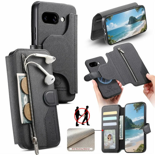 For Google Pixel 9a Magnetic Case RFID Blocking Detachable Wallet Stand Cloth Texture Leather Phone Cover - Black - 1