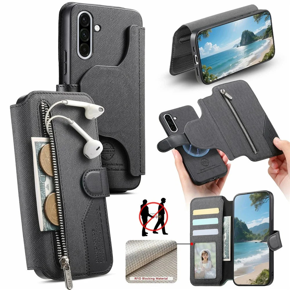 For Samsung Galaxy A36 5G Magnetic Case RFID Blocking Detachable Wallet Stand Cloth Texture Leather Phone Cover - Black - 1