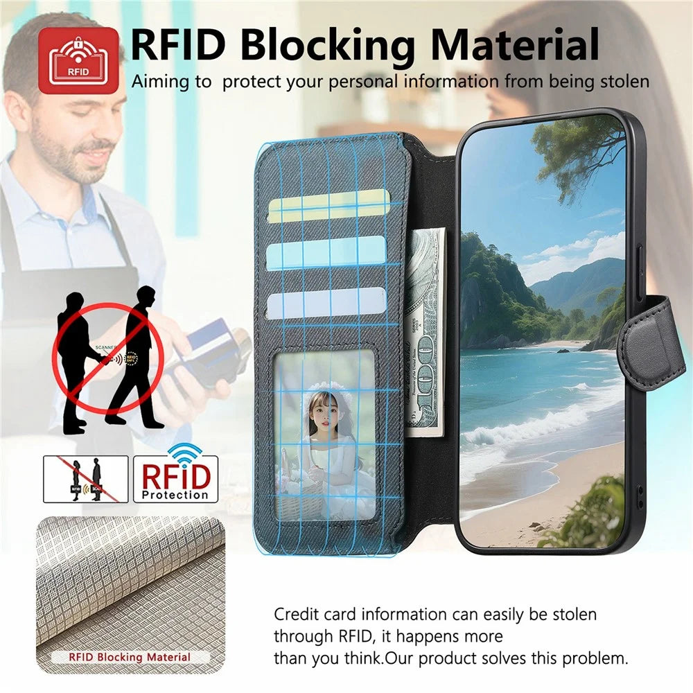 For Samsung Galaxy A36 5G Magnetic Case RFID Blocking Detachable Wallet Stand Cloth Texture Leather Phone Cover - Black - 7
