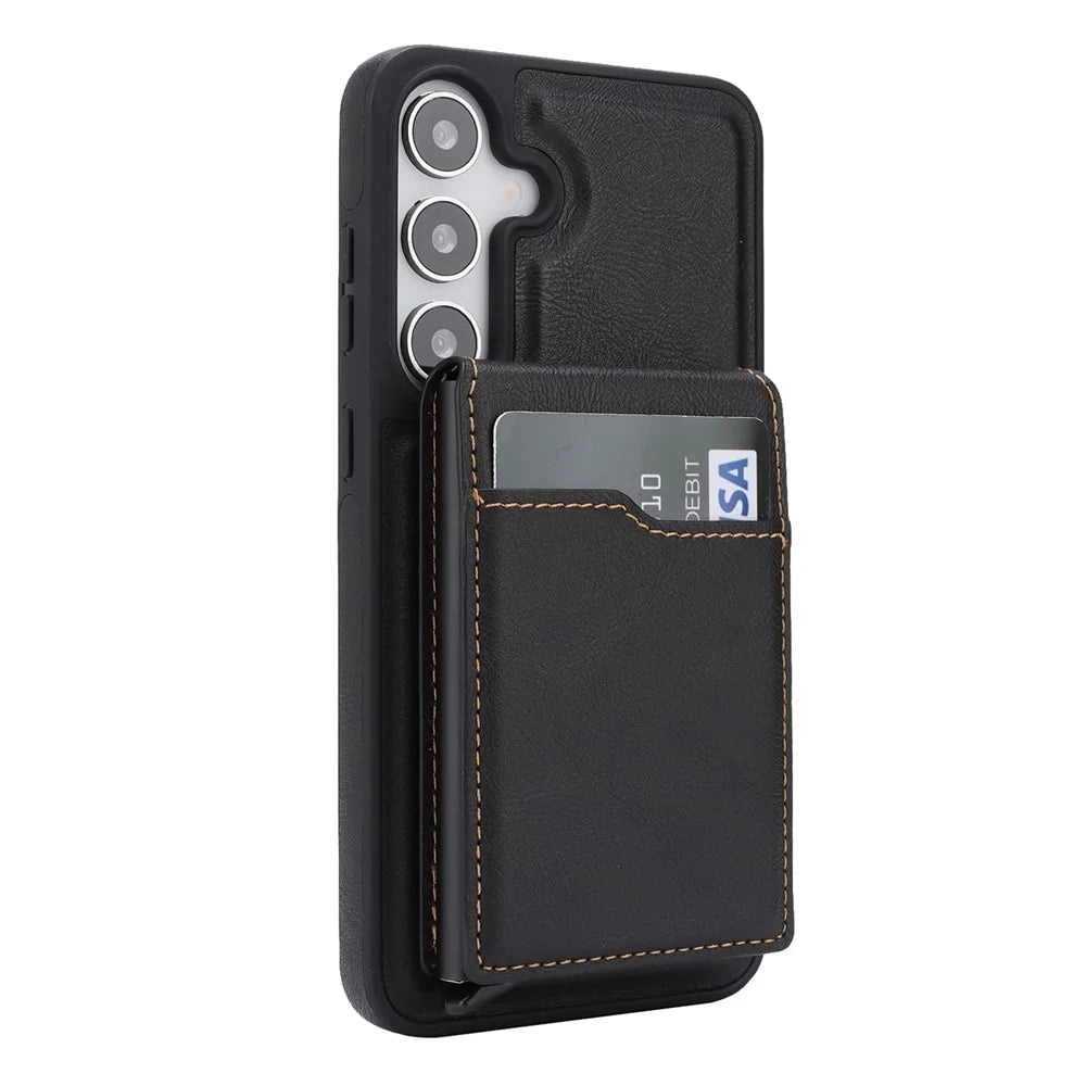 For Samsung Galaxy S26+ Magnetic Cover Kickstand Leather Back Phone Shell with Detachable Pop-Up Card Case - Black - 4